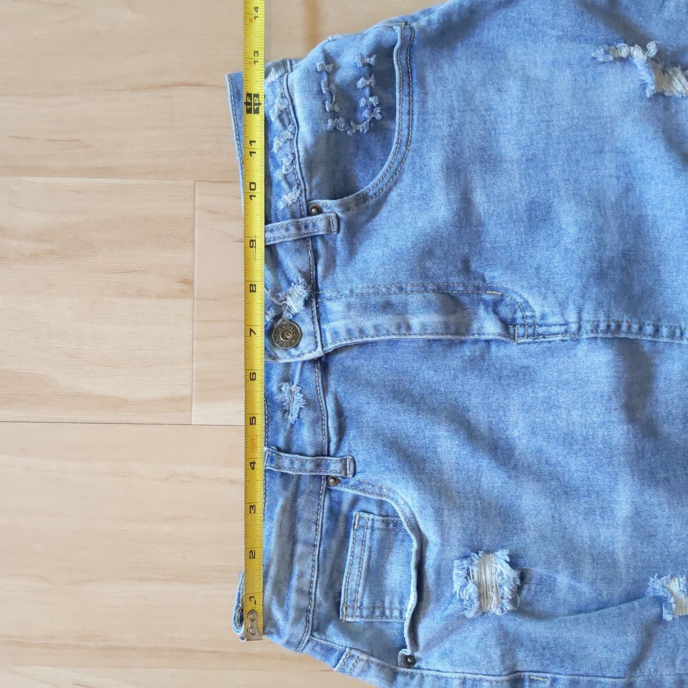Stretchy Denim Jean Mini Skirt, Distressed, S/ M, Fringed Fitted Stretch Cotton - Picture 8 of 12